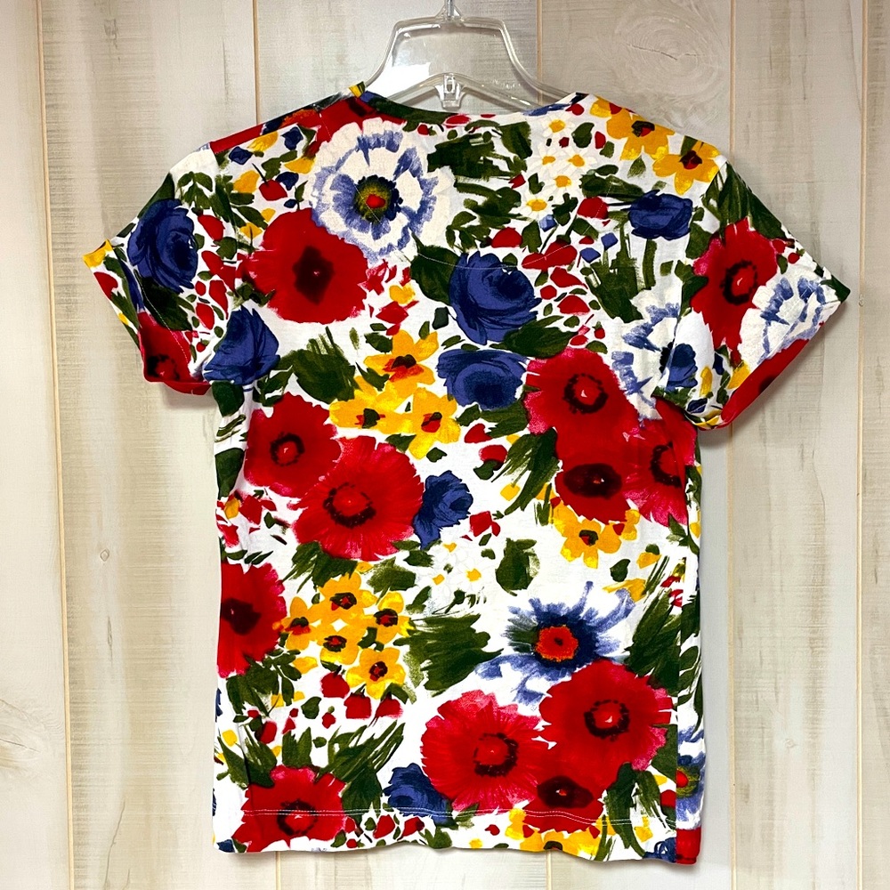 Zara Collection Red Blue Yellow Floral Tee Shirt Sz M Short Sleeve - Picture 2 of 3